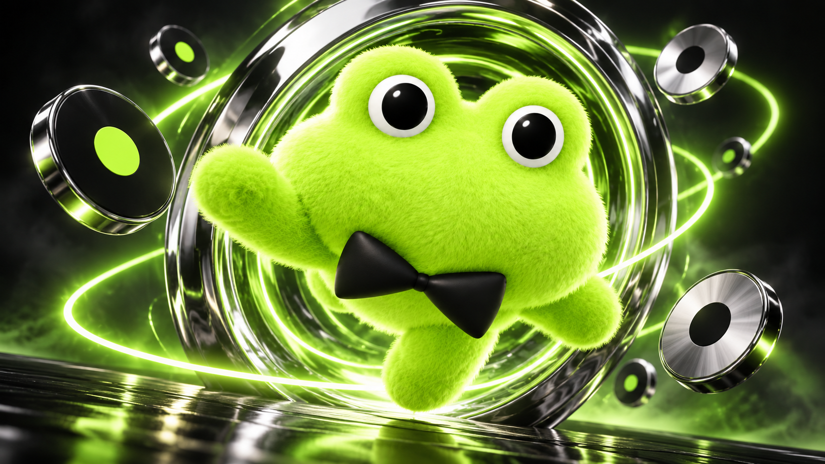 Original Dot Launcher artwork: DOTZERO’s lime frog launches through a chrome portal with luminous green orbital trails